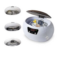 White oval-shaped ceramic ultrasonic cleaning machine with digital display and interior basket holding jewelry items