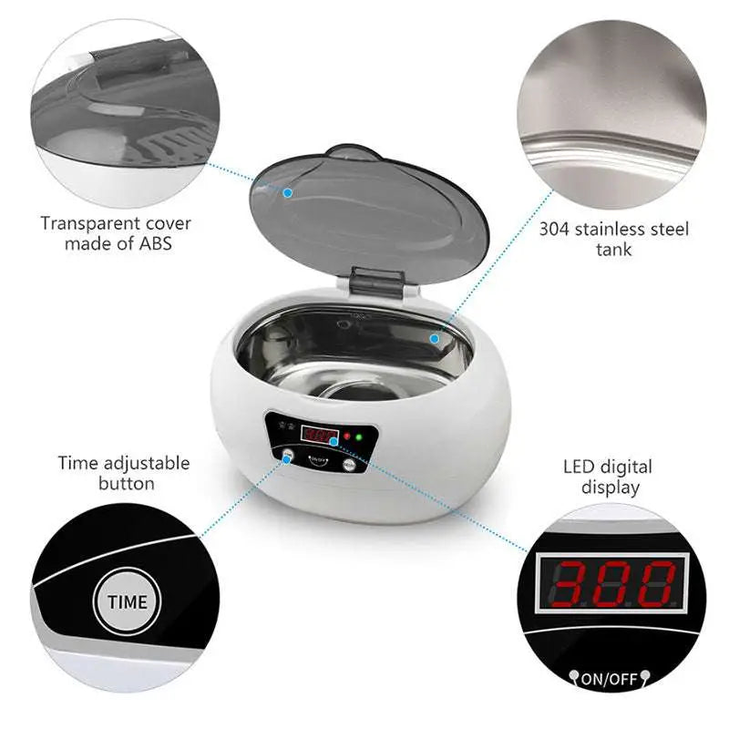 White oval-shaped ceramic ultrasonic cleaning machine with digital display and 304 stainless steel tank with lid