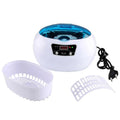 White and blue ultrasonic cleaning machine with ceramic ultrasonic cleaning, digital display, control buttons, and plastic basket