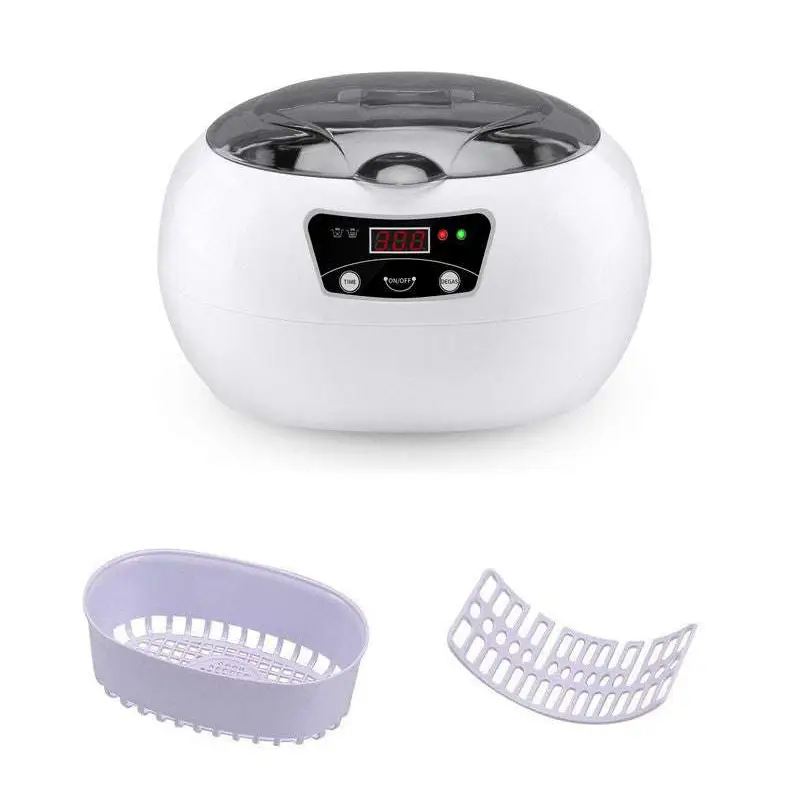 White oval-shaped ceramic ultrasonic cleaning machine with digital display and transparent lid for precise cleaning