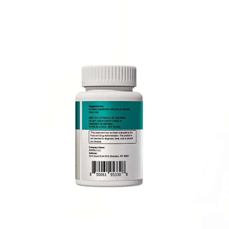 White plastic bottle of certified gmp fda chlorophyll capsules with teal and white label showing suggested use and company info