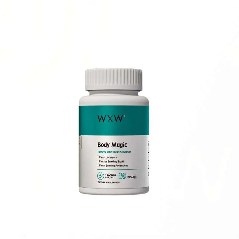 White plastic bottle of wxx brand body magic certified gmp fda chlorophyll capsules containing 60 dietary supplement capsules