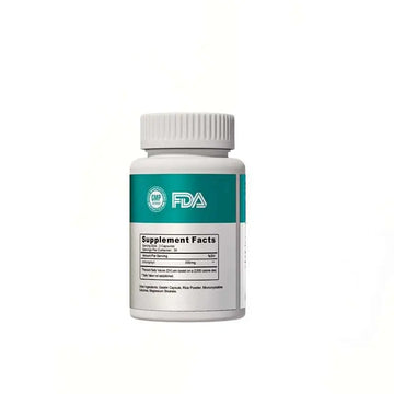 White plastic bottle of certified gmp fda chlorophyll capsules with teal and white label featuring certification logos