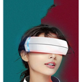 White sleek vr headset with glowing blue and red led strips for cervical spine integrated massage device use