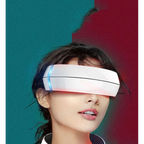 White sleek vr headset with glowing blue and red led strips for cervical spine integrated massage device use