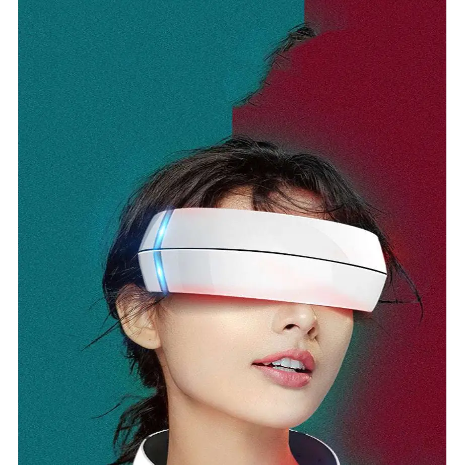 White sleek vr headset with glowing blue and red led strips for cervical spine integrated massage device use