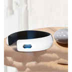 White and black cervical spine integrated massage device with a glowing blue control panel for neck relief