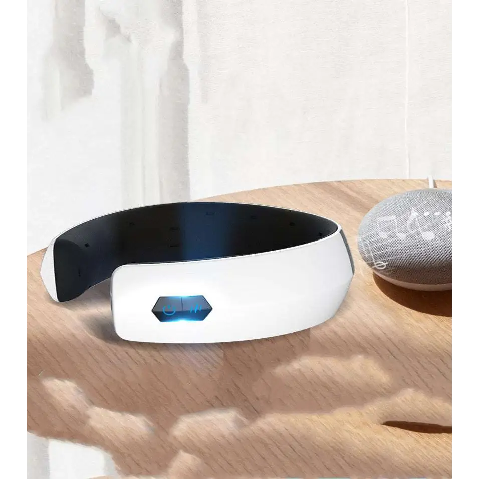 White and black cervical spine integrated massage device with a glowing blue control panel for neck relief