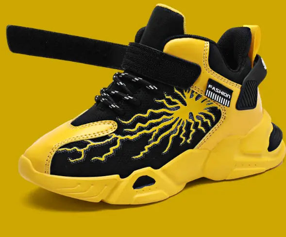 Black and yellow high-top winter cotton shoes with waterproof leather uppers, featuring a lightning bolt design, black laces, an adjustable velcro strap, and suitable inside length for cold weather.