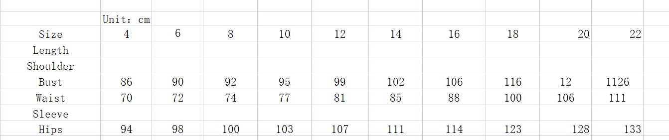 a size chart in centimeters for a rose gold ombre one shoulder fishtail sequin evening dress showing measurements across sizes 4 to 22 for a fishtail sequin slim fit.