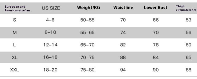 Size chart for a lime green navy striped printed split bikini swimsuit showing european and american sizes with corresponding weight ranges, waistline, lower bust, and thigh measurements.