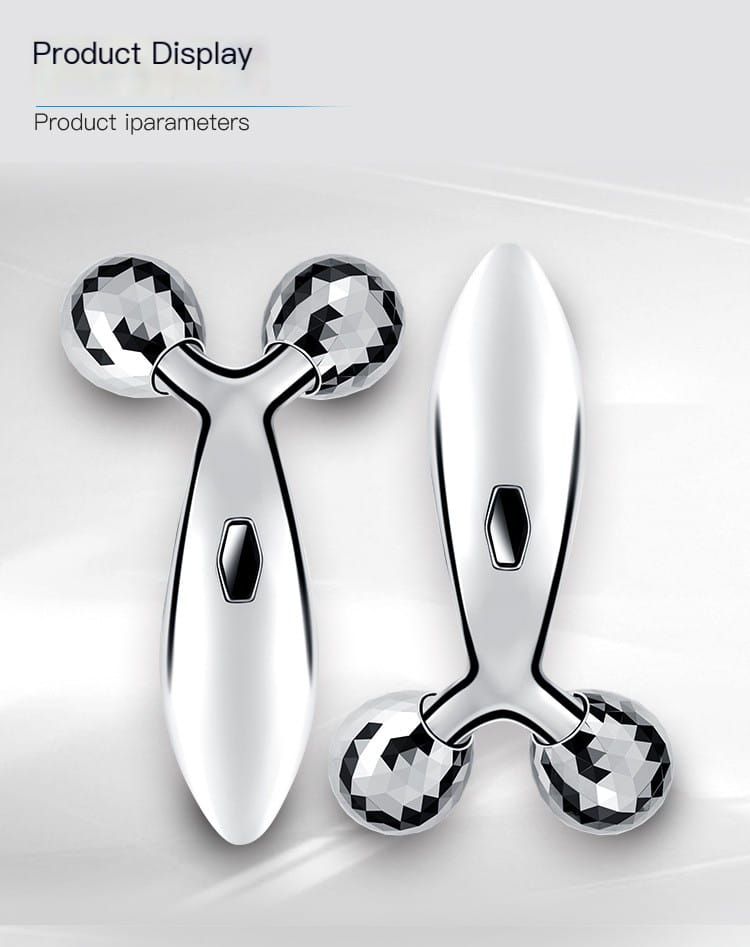 Silver facial roller massage device with faceted crystal balls and a sleek ergonomic handle shown in massage device image.