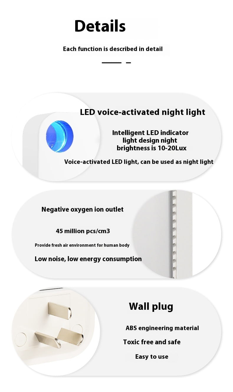 white led voice-activated night light with intelligent indicator and 10-20lux brightness integrated into a portable household anion purifier air purifier for effective anion purifier odor removal.