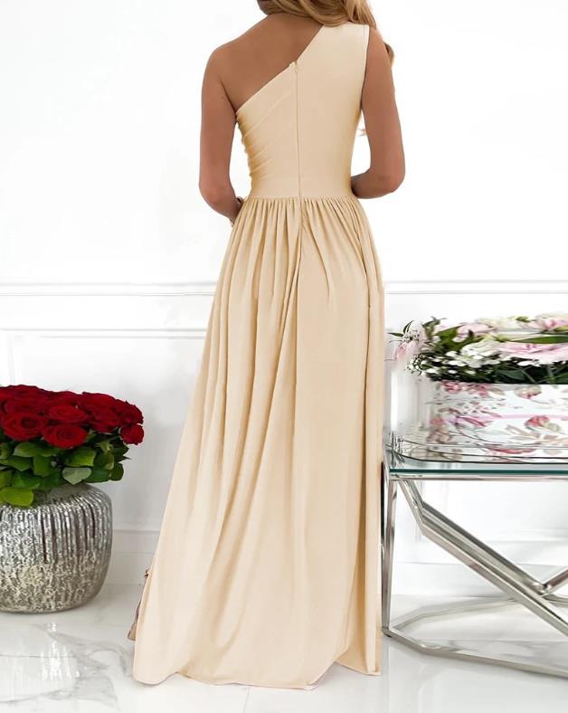 beige one shoulder cocktail maxi dress with a fitted bodice, flowing skirt, and high split detail ideal for formal occasions