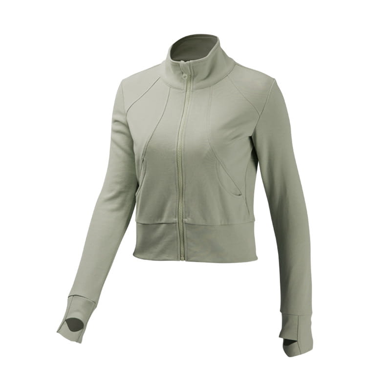 A sleek olive green cropped running sport coat with a zip-up front high collar and ribbed cuffs designed for winter running sport by Royale Essence Lux.