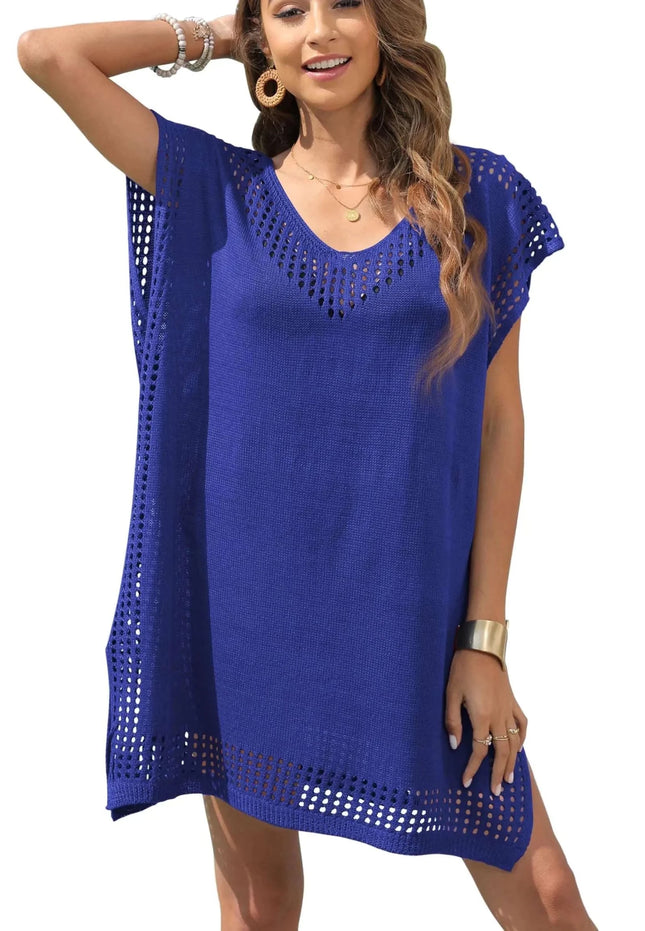 Chalier Hollow Out Swimsuit Coverup for Women Womens Bathing Suit Beach Cover Up Swimwear Dress (D - Royal Blue One Size) - Royalessencelux