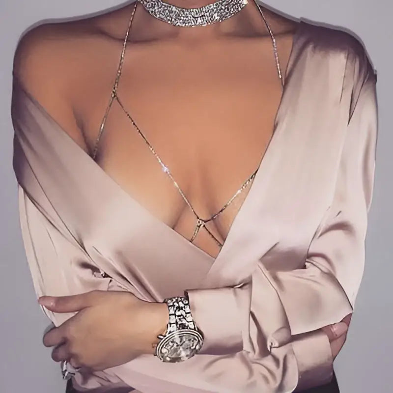 Women's Rhinestone Body Jewelry Necklace Button Full Cup Plus Size Bra Without Wi Royalessencelux