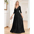 Black sequined evening gown with deep v-neckline and three-quarter sleeves for formal party occasions