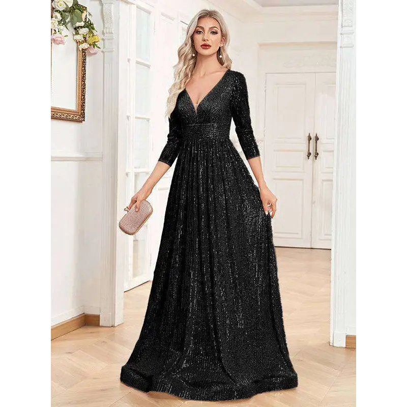 Black sequined evening gown with deep v-neckline and three-quarter sleeves for formal party occasions