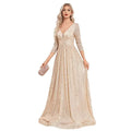 Champagne sequined evening gown with deep v-neckline and three-quarter sleeves for formal party events