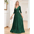Emerald green sequined evening gown with deep v-neckline and three-quarter sleeves for formal occasions