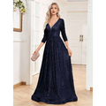 Navy blue sequined evening gown with deep v-neckline, three-quarter sleeves, and high waist for formal parties