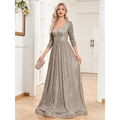 Champagne sequined high waist party formal dress featuring a shimmering silver sequined evening gown with deep v-neckline and three-quarter sleeves
