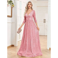 A shimmering pink sequined evening gown with deep v-neckline and three-quarter sleeves for formal events