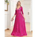 A vibrant fuchsia sequined evening gown with a deep v-neckline and three-quarter sleeves for formal occasions