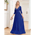 A shimmering royal blue sequined evening gown with deep v-neckline and three-quarter sleeves for formal events