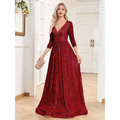 A shimmering red sequined evening gown with a deep v-neckline and three-quarter sleeves for formal events