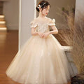 Beige champagne sequined spandex princess dress for girls featuring lace, ruffled sleeves, and voluminous tulle tutu skirt