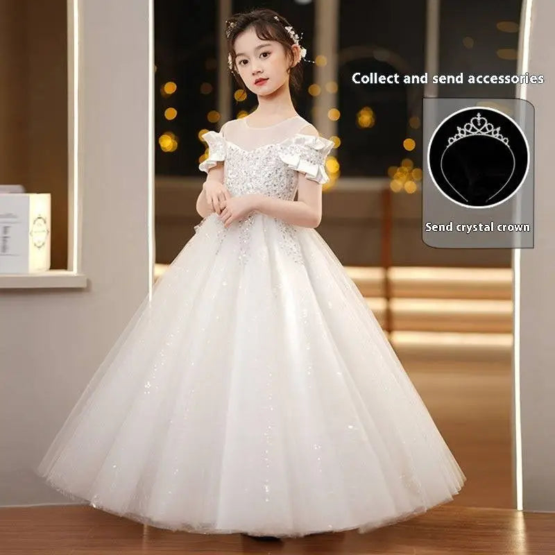 White off-the-shoulder spandex princess dress with champagne sequined spandex and girls tulle tutu skirt