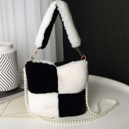 Checkerboard Plush Bucket Bag With Pearl Chain Design Winter Fashion Luxury Handbags For Women Personalized Shopping Shoulder Bags - Royalessencelux