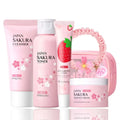 Cherry blossom skin care set with pink sakura cleanser 50g essence cream toner strawberry lip mask and ruffled pouch