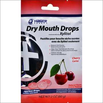 Cherry dry mouth drops 2 ounce in red and white glossy plastic pouch by hager pharma for dry mouth relief