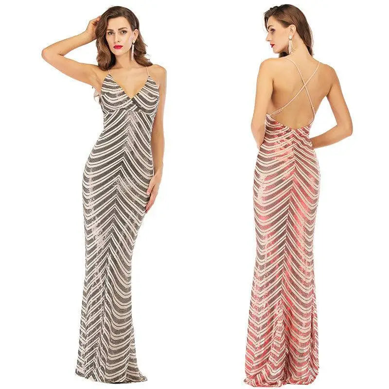 A shimmering stretch sequined mopping dress in metallic silver and rose gold with a bold chevron pattern