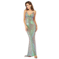 A shimmering green and silver stretch sequined mopping mermaid-style gown with plunging neckline and spaghetti straps designed