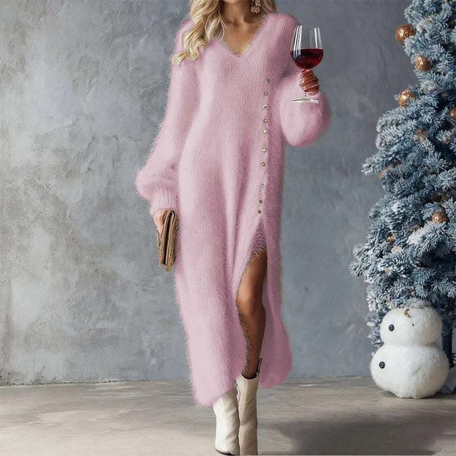 V-Neck Fleece Maxi Dress with Button Design, Chic Winter Party Fashion for Women - Royalessencelux