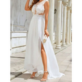 White lace and chiffon maxi dress with high slit featuring chiffon lace trailing for a trailing wedding large swing dress