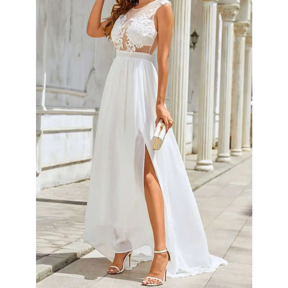 White lace and chiffon maxi dress with high slit featuring chiffon lace trailing for a trailing wedding large swing dress