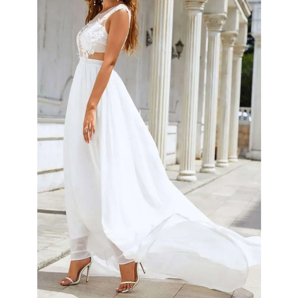 White chiffon lace trailing wedding large swing dress with lace bodice and high slit evening gown