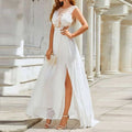 White lace and chiffon evening gown with high slit chiffon lace trailing large swing dress for formal occasions