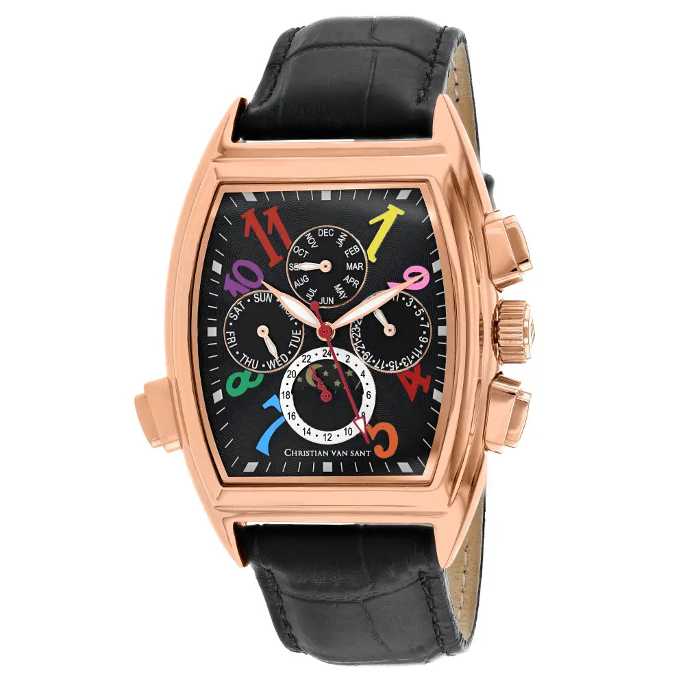 Rose gold christian van sant grandeur chronograph watch with black dial, colorful numerals, subdials, and black leather strap