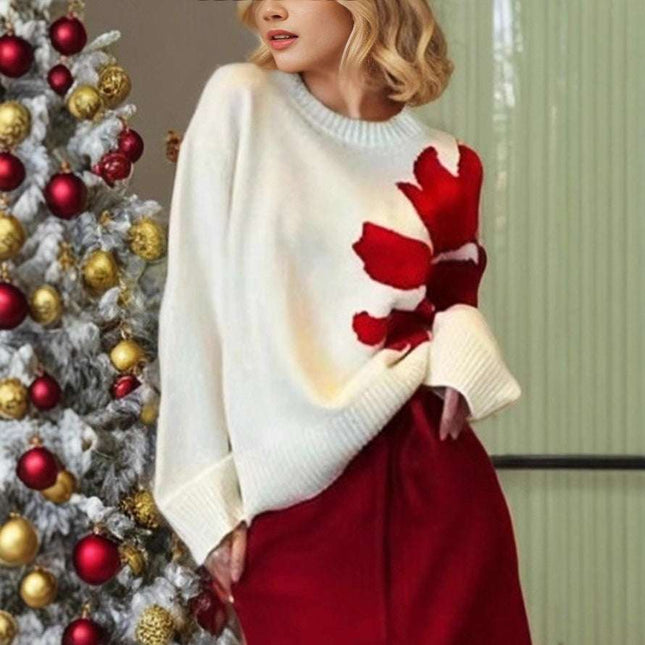 Christmas 3D Floral Contrast Color Crewneck Personalized Sweater - Royalessencelux