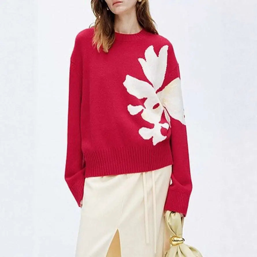 Red knit christmas 3d floral contrast color crewneck sweater with large cream-colored knit floral design on front