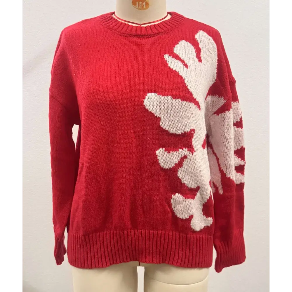 Red knit christmas 3d floral sweater with cream-colored knit and large white snowflake floral contrast color design