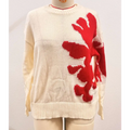 Cream-colored knit christmas 3d floral contrast color crewneck sweater with bold red coral-like pattern on right side