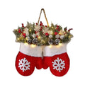 Christmas garland creative glove shaped wreath with red mittens, white fur trim, festive greenery, berries, pinecones, and LED lights