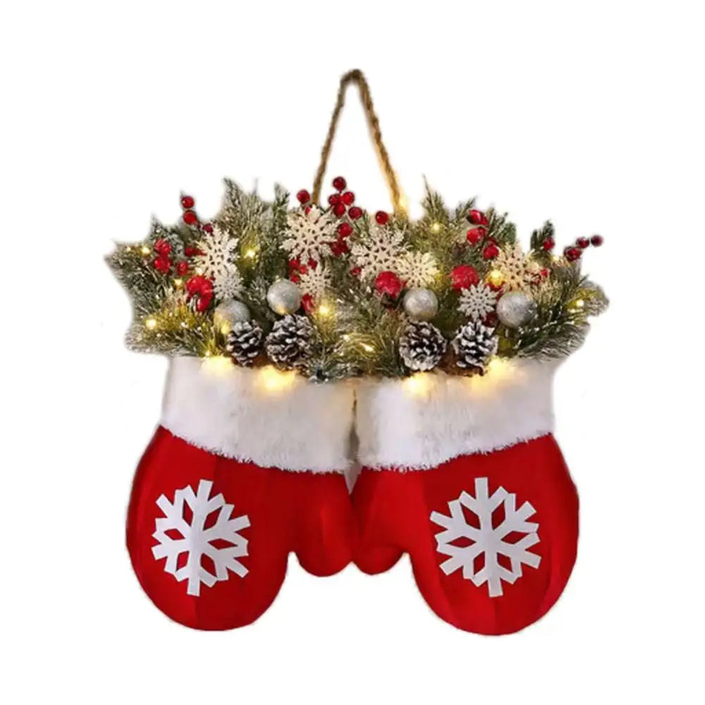 Christmas garland creative glove shaped wreath with red mittens, white fur trim, festive greenery, berries, pinecones, and LED lights